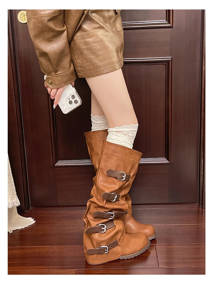 Aiertu    -  Women Knee-high Boots Summer Shoes Woman Knight Boots Woman Designer Buckle Chelsea Long Botas Pu Leather Motorcycle Shoes Aiertu