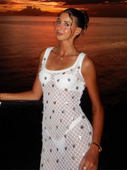 Aiertu  -  Fashion Sequin Knit Dress Women Square Collar Sling Slim Hip Package Long Dresses Female 2025 Spring Summer Chic Beach Lady Gown Aiertu