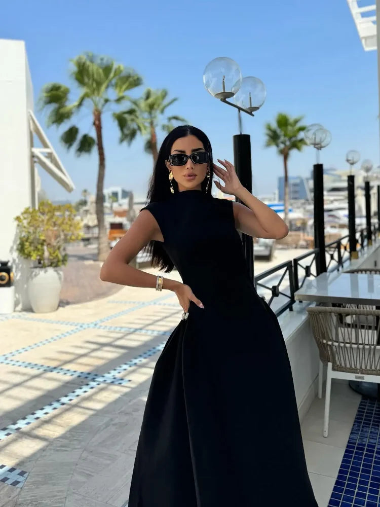 Aiertu  -  Elegant Women Slanted Collar Pleated Long Dress Solid Sleeveless Slim High Waist Loose Hem Dresses 2025 Lady Evening Party Robes Aiertu