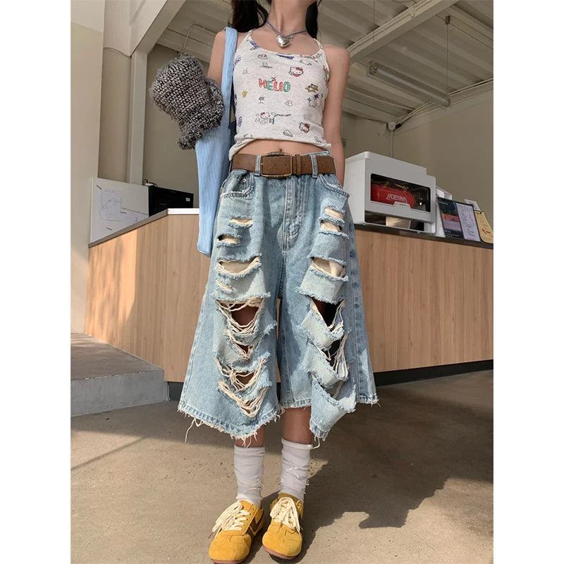 Aiertu  Y2K Streetwear Denim Shorts Women American Vintage High Waist Baggy Wide Leg Denim Shorts New Hole Straight Knee Length Pants Aiertu