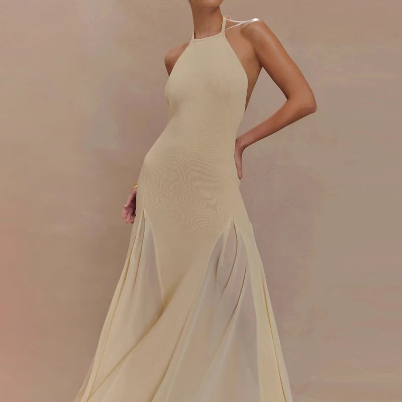 Aiertu  -  Elegant Halter Knitted Tulle Women's Long Dress Backless Lace-up A-line Slim Chic Robe 2026 Summer Beach Party Evening Dresses Aiertu
