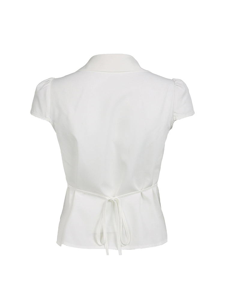 Aiertu - summer inspo Solid Shirring Button Up Turn Down Collar Short Sleeve White Shirts Women Simple Casual Summer Clothes Aiertu
