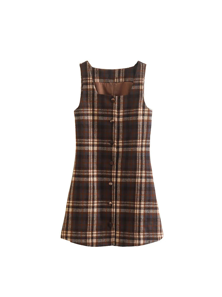 Aiertu  Women Fashion Plaid Lace Up Single Breasted Mini Dress Vintage Square Collar Sleeveless Female Chic Lady Dresses Aiertu