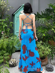 Aiertu  -  Print Maxi Dress Women Lace-Up Cross Backles Double Deck Skinny Tight Stretch Beach Vacation Summer Trend Vestidos Aiertu