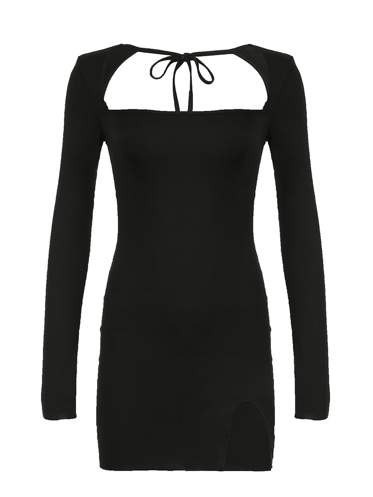 Aiertu - summer inspo Backless Lace-Up Slim Sexy Black Short Dress Women Square Collar Solid Split Elegant Basic Long Sleeve Baddie Clubwear Aiertu
