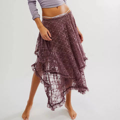 Aiertu  -  Floral Lace Long Skirt for Women Y2K Elastic Waist Asymmetrical Layered Maxi Skirt Sexy See Through Flowy Beach Skirt Aiertu
