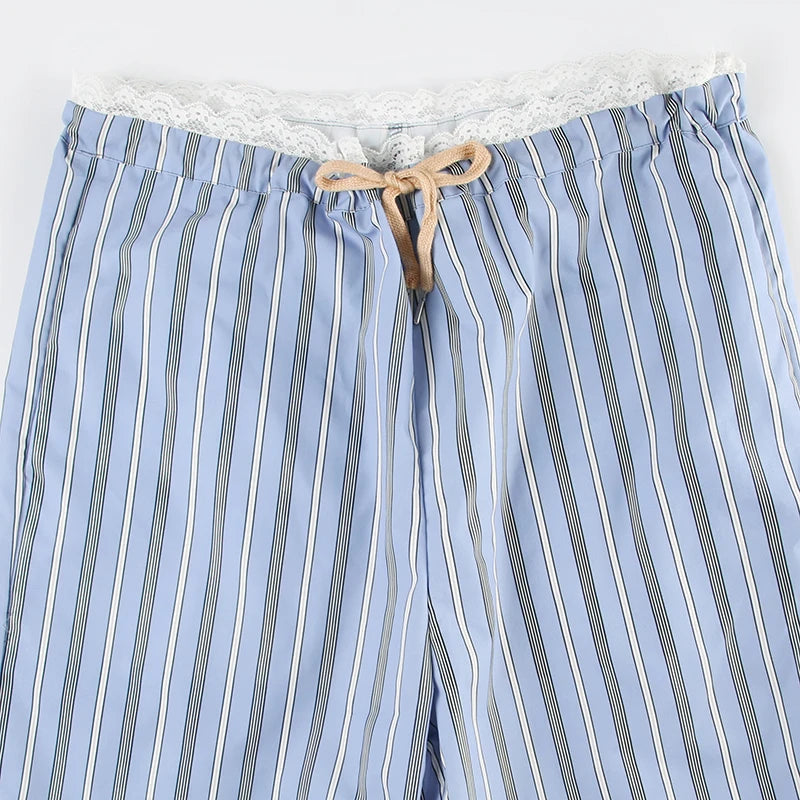 Aiertu  -  Sweet Stripe Lace Patchwork Women Pants Low Waist Drawstring Harajuku Korean Trousers Straight Leg Bottoms Basic New Aiertu