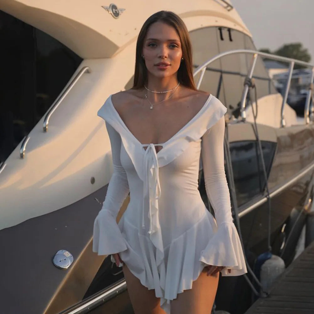 Aiertu  -  Elegant Tie Front Detail Flare Sleeve Ruffle Mini Dress Fashion Outfits Club Party Sexy A-Line Short Dresses New Aiertu