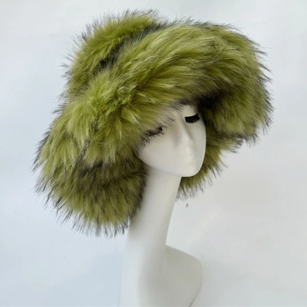 Aiertu  -  Luxury Fluffy Women Faux Fur Bucket Hats Oversized 17cm Wide Brim Thicken Outdoor Warm Plush Punk Hat Girl Y2k Female Ski Panama Aiertu