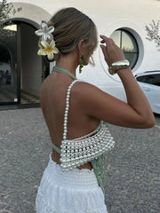 Aiertu  -  Women's Sexy Backless Sequin Top Deep V-neck Draped Summer Beach Vacation T shirt Ladies Mesh Embroidery Ins Hot Tanks Aiertu