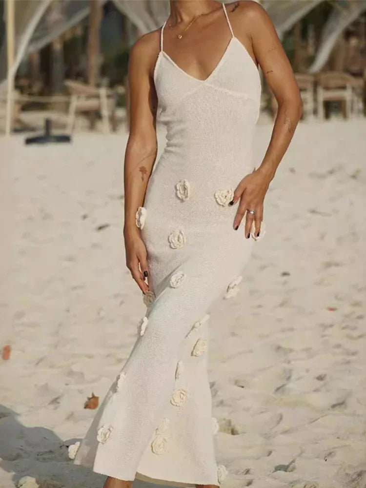 Aiertu  -  Elegant 3D Flower Knitted Long Dress Women Deep V-neck Spaghetti Strap Backless Sleeveless Beach Dresses 2025 Summer Lady Robes Aiertu