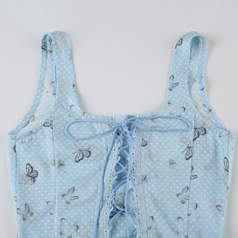 Aiertu  -  Spring Dream Blue Butterfly Printing Contrast Color Mesh Splicing Waist Strap Design Pure Desire Sling Vest Y2K Aiertu