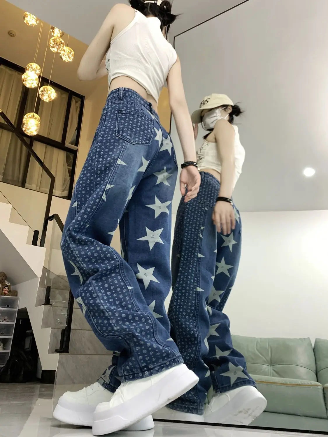 Aiertu  -  Splicing Star Print Design American High Street Jeans Women's Niche Loose Straight Leg Pants Aiertu
