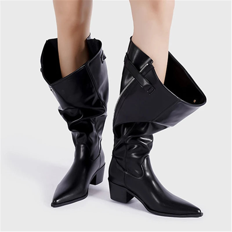 Aiertu  -  Designer Pointed Toe Western Cowboy Boots Women Chunky Heel Retro Belt Buckle Knight Boots Fashion Mujer Luxury Long Botas New Aiertu
