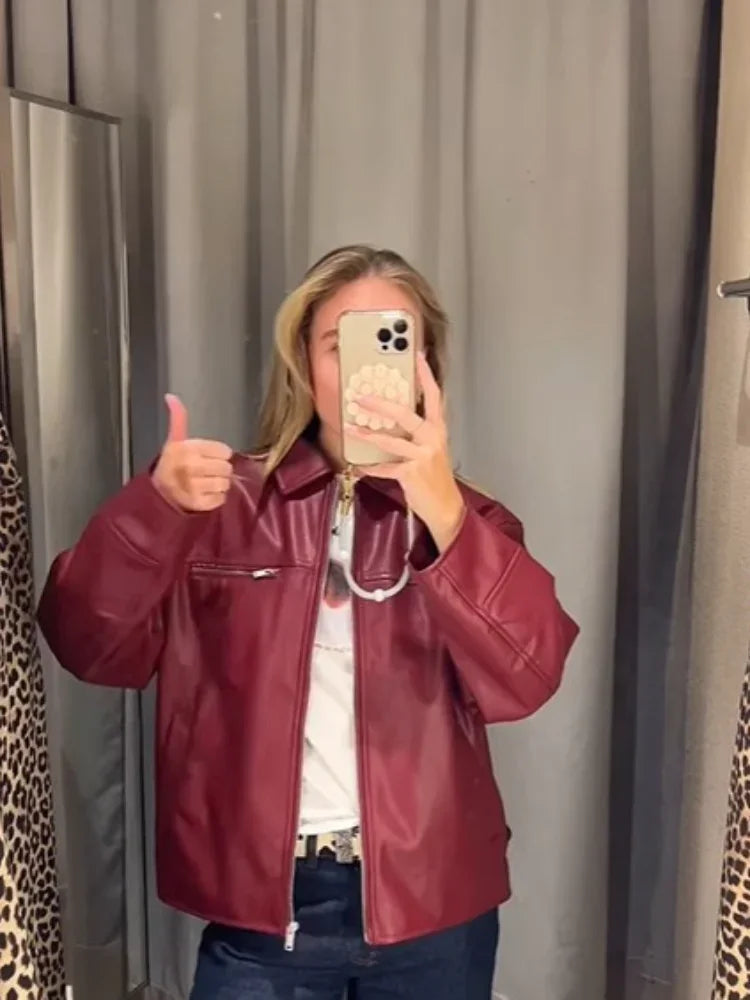 Aiertu  -  2026 New Women Solid Zipper Leather Jacket Vintage Lapel Long Sleeve Bomber Loose Coat Ins Fashion Lady Motorcycle Outerwear Aiertu
