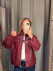 Aiertu  -  2026 New Women Solid Zipper Leather Jacket Vintage Lapel Long Sleeve Bomber Loose Coat Ins Fashion Lady Motorcycle Outerwear Aiertu