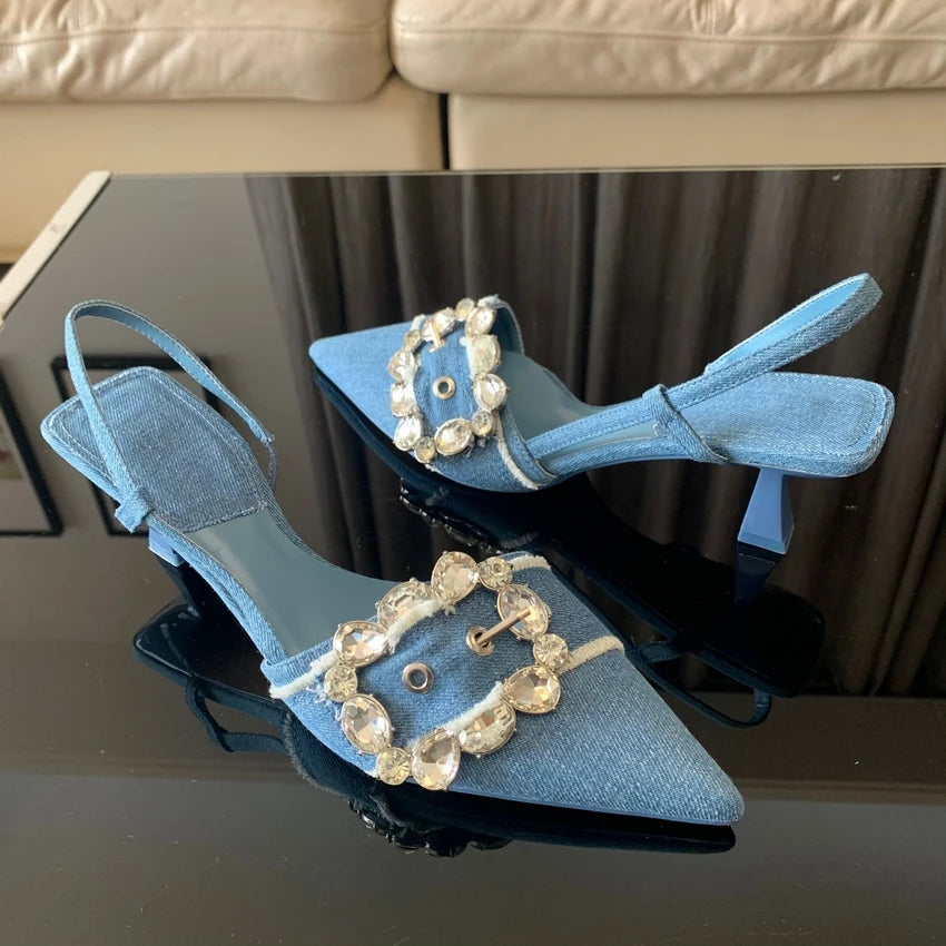 Aiertu  -  Fashion Denim Blue Rhinestone Women Pumps Wedding Bride Shoes Elegant High Heels Slingback Pointed Toe Sandals Ladies Shoes Aiertu