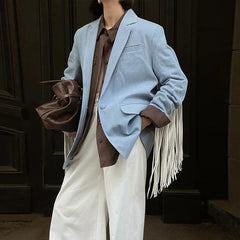 Aiertu  -  Casual Solid Tassels Blazer Coats Women Lapel Long Sleeve Single Button Pockets Jackets 2026 Autumn New Lady Loose Top Outwears Aiertu