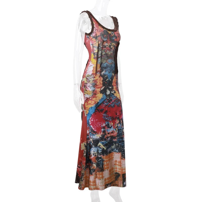 Aiertu  Sexy Backless Hollow Out Sleeveless Maxi Dresses Vintage Oil Painting Print Bodycon Dress Aesthetic Party Slim Vestidos Aiertu