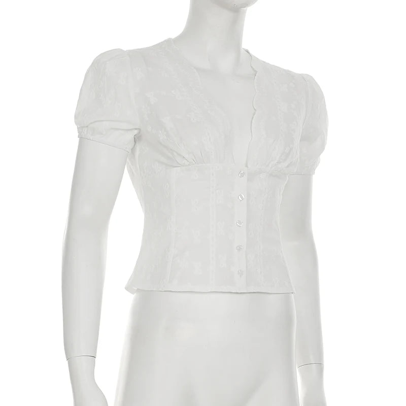 Aiertu  -  Y2K Bow Textured Waist Cinching Shirts Women Summer Puff Sleeve V-Neck Cardigan Tops Cutecore Button-Fly Girls Blouse Aiertu