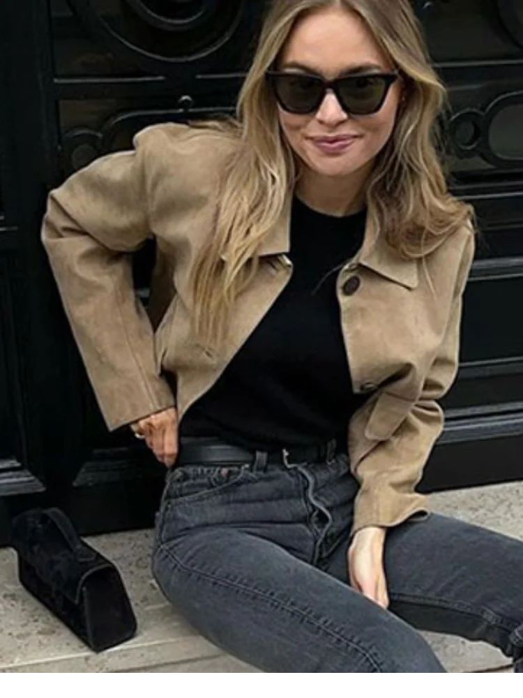Aiertu     -  Fall Outfits 2026 Fashion Retro Brown Zipper Suede Leather Coat Women Elegant Stand Collar Zipper Pocket Long Sleeve Jacket Autumn Lady Outwear Aiertu