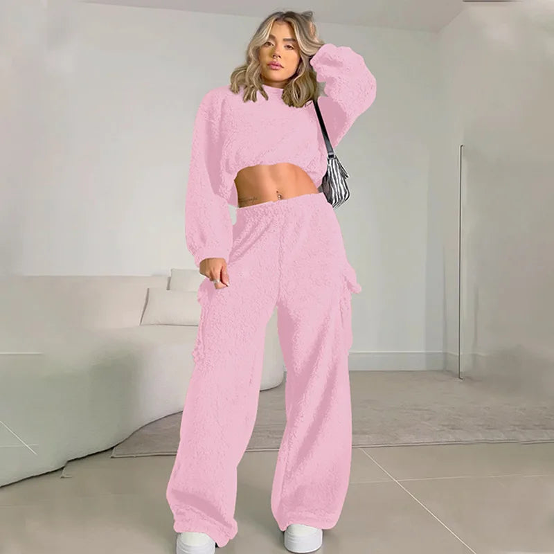 Aiertu      -  Solid Plush Long Sleeve Sweatshirt Trousers Two-Piece Set Female Casual Crop Top Matching Set Lady Autumn Winter Warm New Aiertu