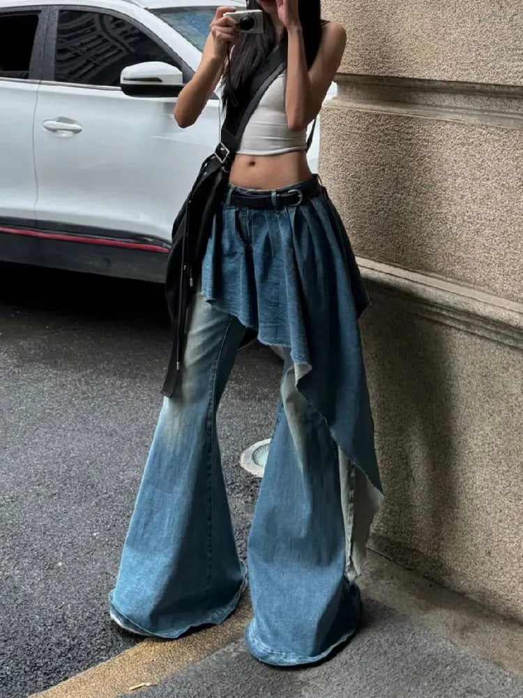 Aiertu  -  Y2K European and American Retro Washed Design Splicing Fake Two-piece Blue Jeans Women's Popular Loose Sexy Bell-bottom Pants Aiertu