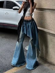 Aiertu  -  Y2K European and American Retro Washed Design Splicing Fake Two-piece Blue Jeans Women's Popular Loose Sexy Bell-bottom Pants Aiertu
