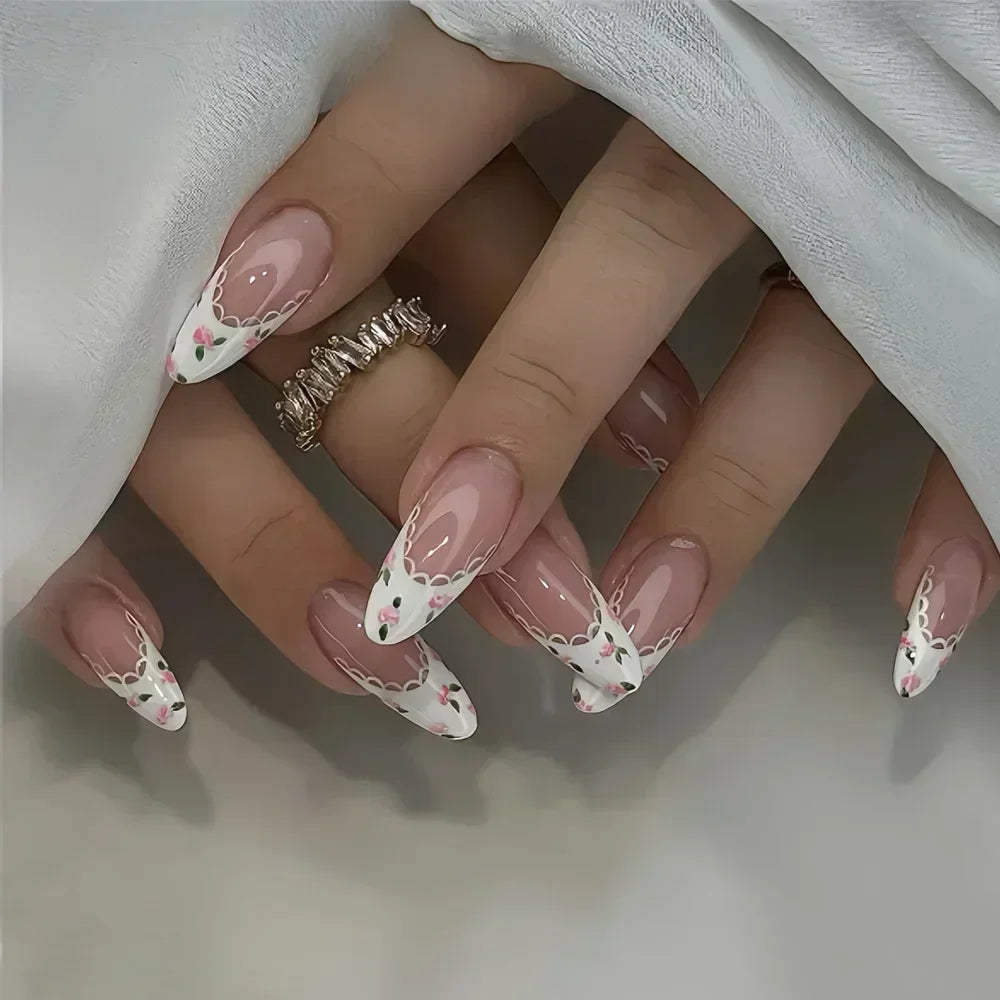 Aiertu 24Pcs Pink Almond French Press on Nails With 3D Bow ripple charms Design Fake Nails Ballerina False Nails Full Cover Nail Tips Aiertu