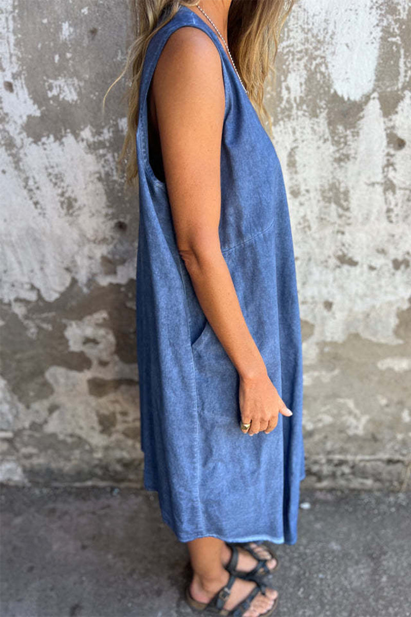 Aiertu  -Casual Solid Color Pocket Buttons O Neck Sleeveless Dresses aiertu