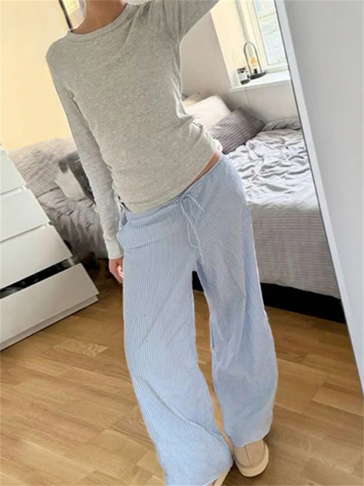 Aiertu  Streetwear Striped Print Loose Trousers Lace-up Joggers Fashion Y2K Baggy Pants Basic Aesthetic 90s Cute Bottoms Aiertu