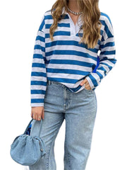 Aiertu  -  Women Baggy Striped Long Sleeve Tee Top Lapel Collared Shirt Y2k Loose Color Block Casual Loose Pullover Fall Streetwear Aiertu