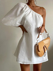 Aiertu  -  Aegean Cotton Linen One Sleeve Short Dress Aiertu