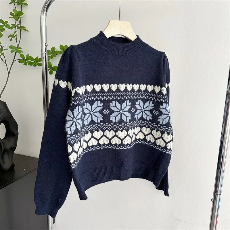 Aiertu  -  Vintage  Fair Isle Crew Neck Jumper Heart Pattern Knitted Pullovers Christmas Sweater Holiday Knitwear Autumn Women Outerwear Aiertu