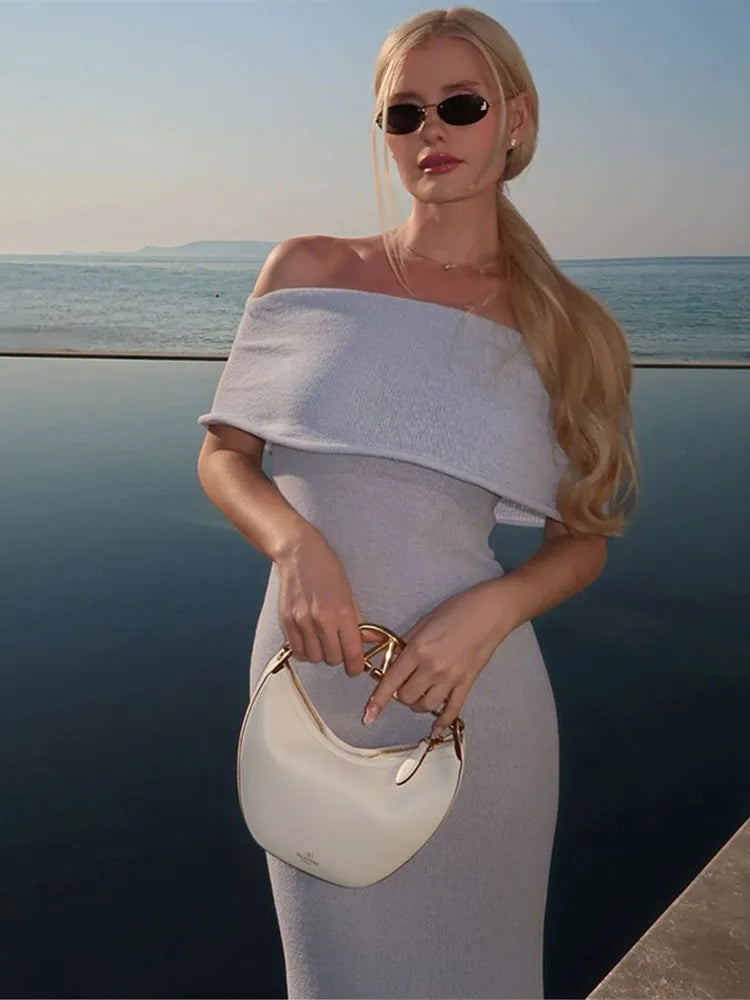 Aiertu       -  Solid Color One Collar Knitted Long Dress Women Off Shoulder Curled Bodycon Maxi Dress Lady Fashion High Street Party Robes Aiertu