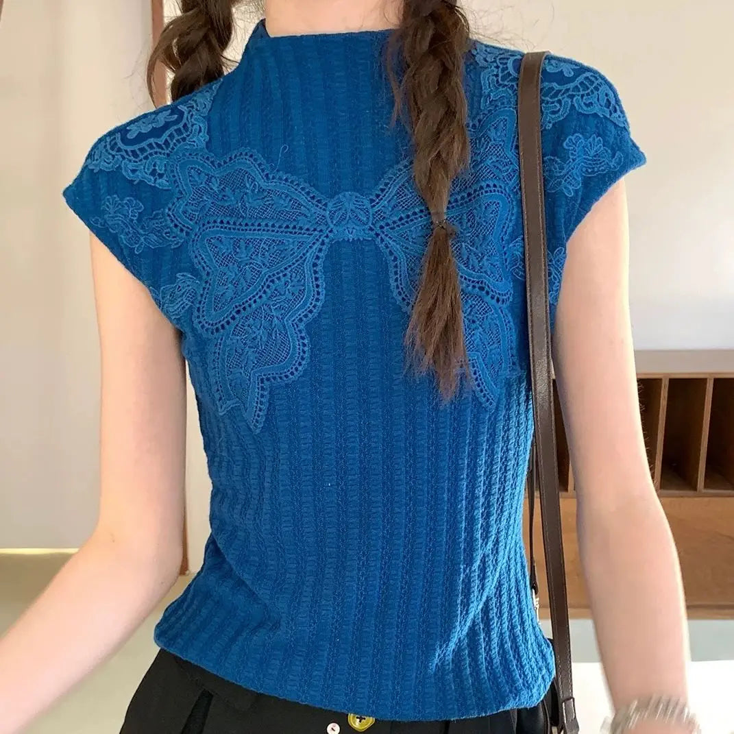 Aiertu  Women Vintage Embroidery Bow Graphic Tees Y2k Aesthetic Casual Bodycon Streetwear T Shirts 2025 Summer Harajuku Grunge Blue Tops Aiertu
