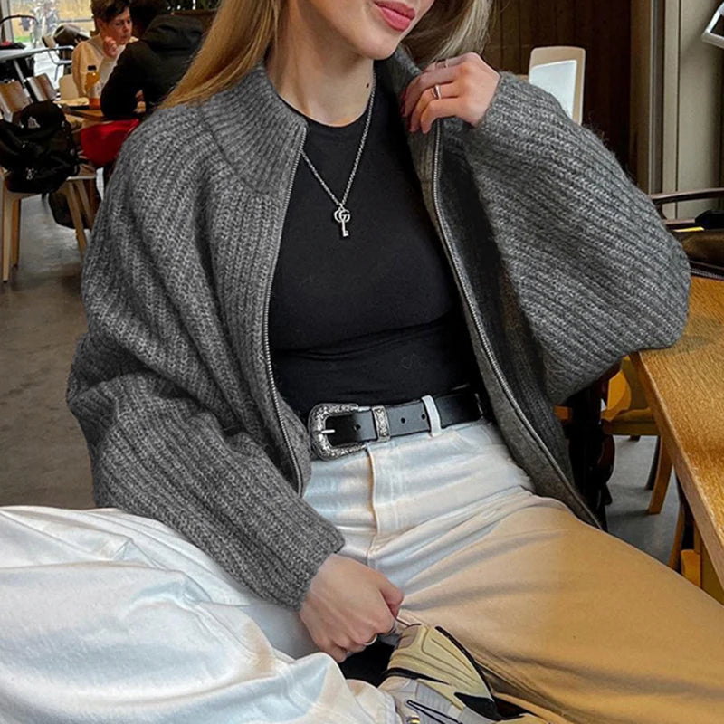 Aiertu  -  cold weather outfits Y2K Double Zipper Cardigan Women High Street Knitted Turn-down Collar Sweater Winter Lady Minimalist Knitwear Casual Aiertu