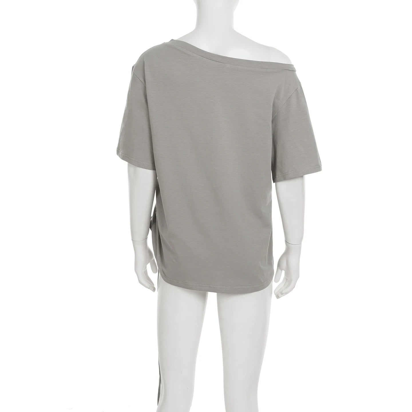 Aiertu  -  Solid Grey Loose Drawstring T-shirt Asymmetrical Off-shoulder Short Sleeve T Shirts Women Casual Summer Tees y2k Vintage Aiertu