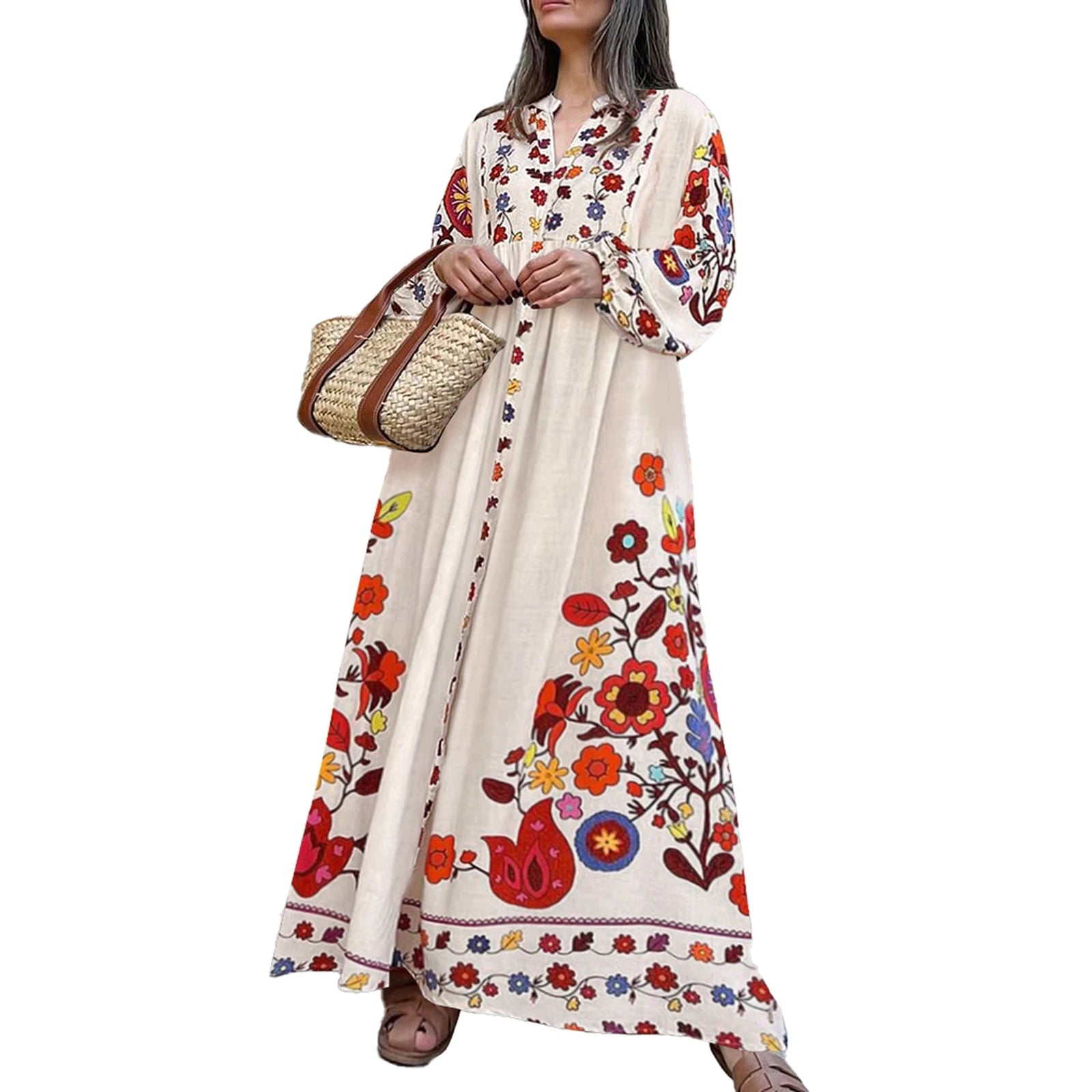 Aiertu  -  Women s Elegant Floral Print V-Neck Long Sleeve Maxi Dress with Flowy Silhouette for Casual Fall Style Aiertu