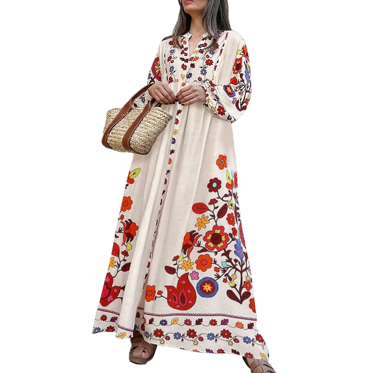 Aiertu  -  Women s Elegant Floral Print V-Neck Long Sleeve Maxi Dress with Flowy Silhouette for Casual Fall Style Aiertu