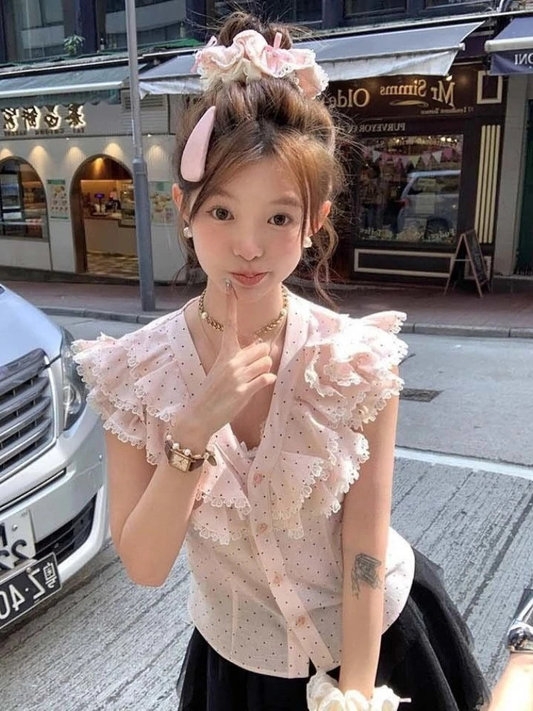 Aiertu  -  Y2k Aesthetic Sweet Polka Dot Women Blouse Vintage Single Breasted Blusas Lace Patchwork Fairy Summer Feifei Sleeves Grunge Tops Aiertu