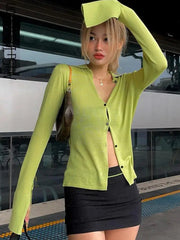 Aiertu  -  Green Women's Shirt Basic Top Spring V Neck Button Blouses Sexy Crop Top Long Sleeve Top Ladies Club Party T Shirts Blouse Aiertu