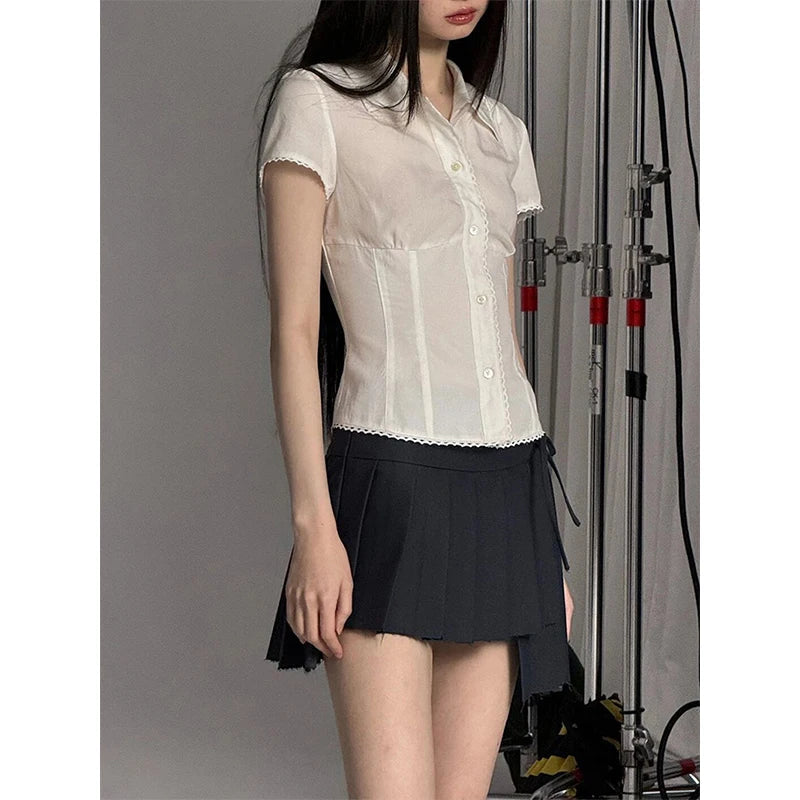 Aiertu Y2K White Shirts Women Harajuku Jk Lace Short Sleeve Blouses Summer Preppy Kawaii Korean Fashion Basic Slim Chic Tops New Aiertu