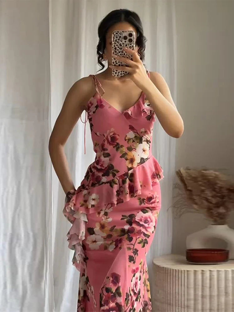 Aiertu  -  Elegant Women Sets Printed Ruched Long Skirts Set 2025 New Fashion Sexy V-neck Short Strap Tops Sets For Women 2 Pieces Aiertu