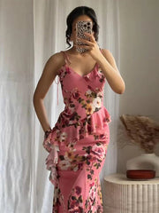 Aiertu  -  Elegant Women Sets Printed Ruched Long Skirts Set 2025 New Fashion Sexy V-neck Short Strap Tops Sets For Women 2 Pieces Aiertu