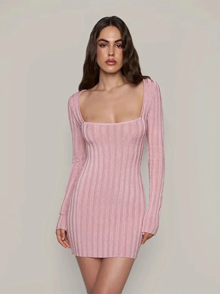 Aiertu  -  Knitted Square Collar Women Dresses Long Sleeve Hip Package Lady Dress 2026 Fashion Elegant Sexy High Waist Slim Lady Mini Robe Aiertu