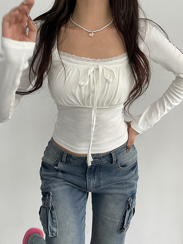 Aiertu - summer inspo Ruched Tie Lace Trim Square Collar Slim Long Sleeve White Y2K T Shirt Women Cute Japanese Kawaii Clothing Aiertu