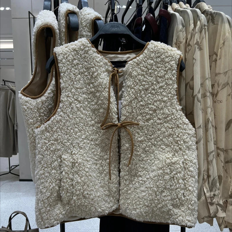 Aiertu  Autumn Fleece Vest Tops for Women Beige Sexy Lace Up Cropoed Top Warm Lambswool Vest Fashion and Chic Blouse Aiertu