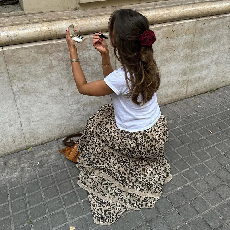 Aiertu  -  Summer New Leopard Printed Maxi Skirt Women's Ruffled Patchwork Fashion Loose High Waist Bandage Female Club Party Skirt Aiertu