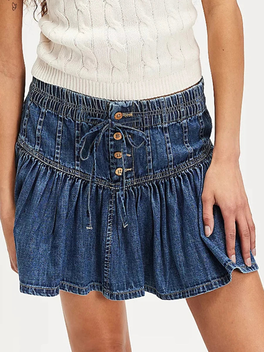 Aiertu  -  Drawstring Denim Mini Skirts For Women Summer Buttons Elastic Waist Short A-line Skirt Simple Casual Fashion Faldas Bottom New Aiertu